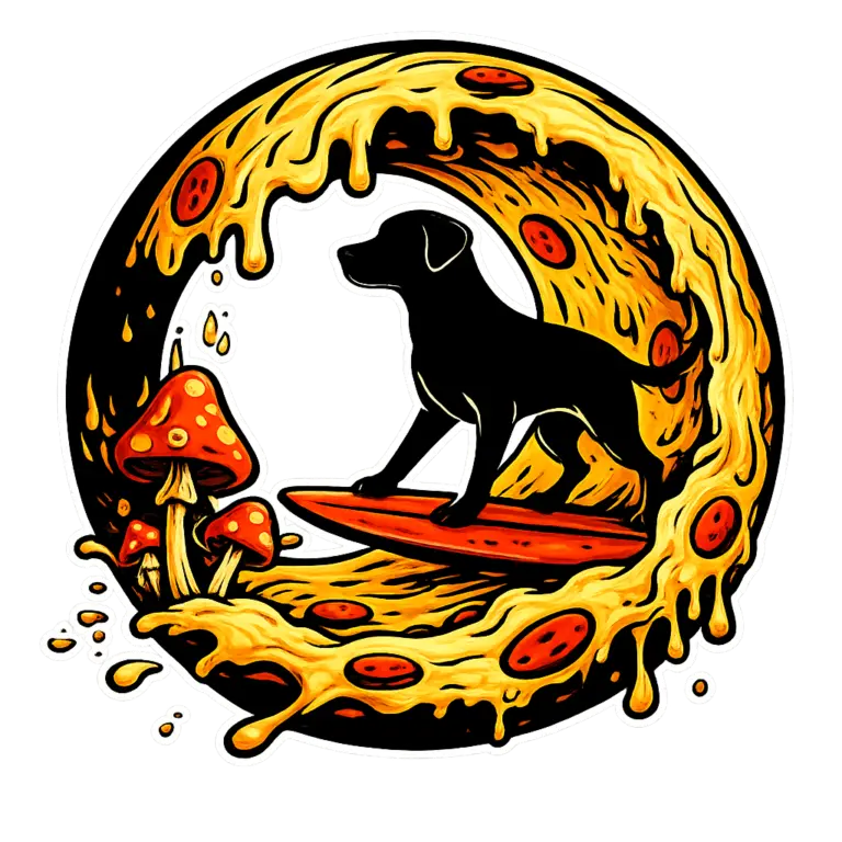 Black Dog Pizza surfing dog artwork