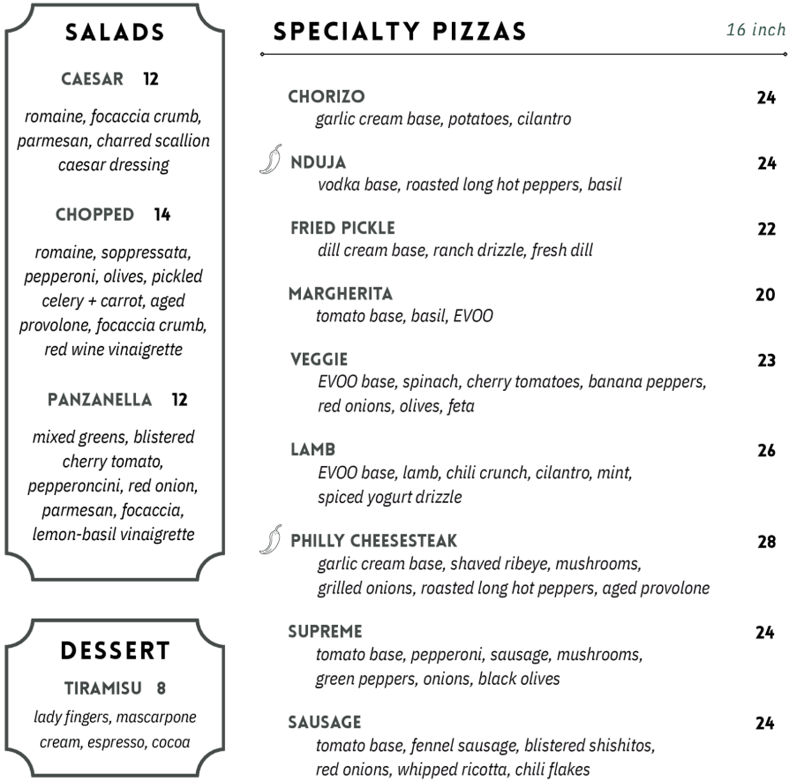 Salads, dessert, and specialty pizzas