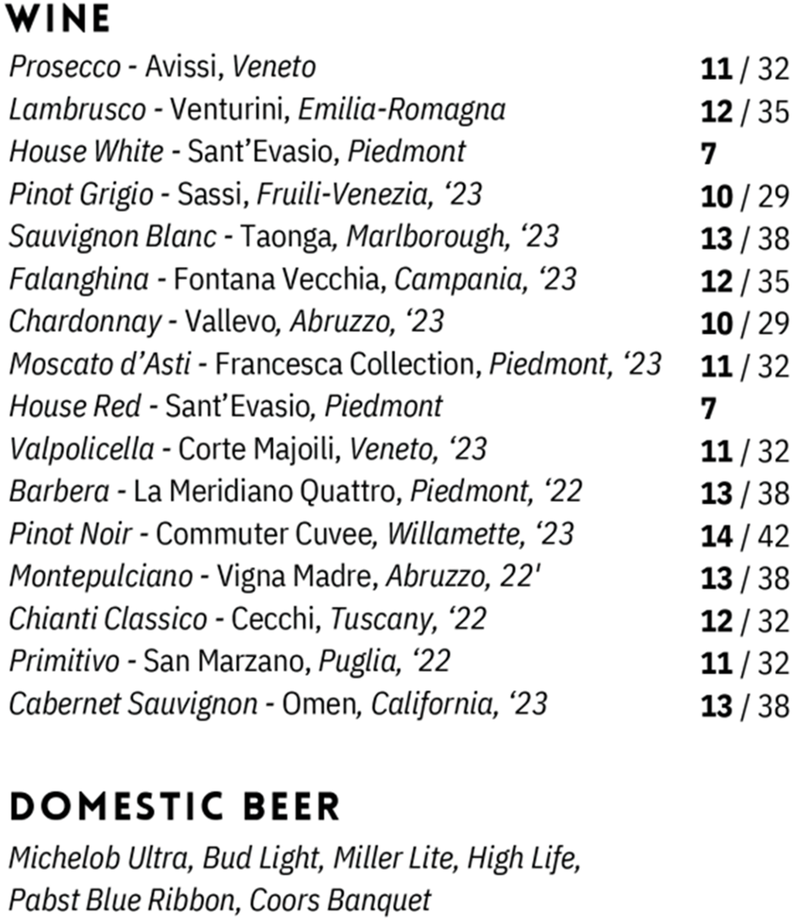 Wine and domestic beer